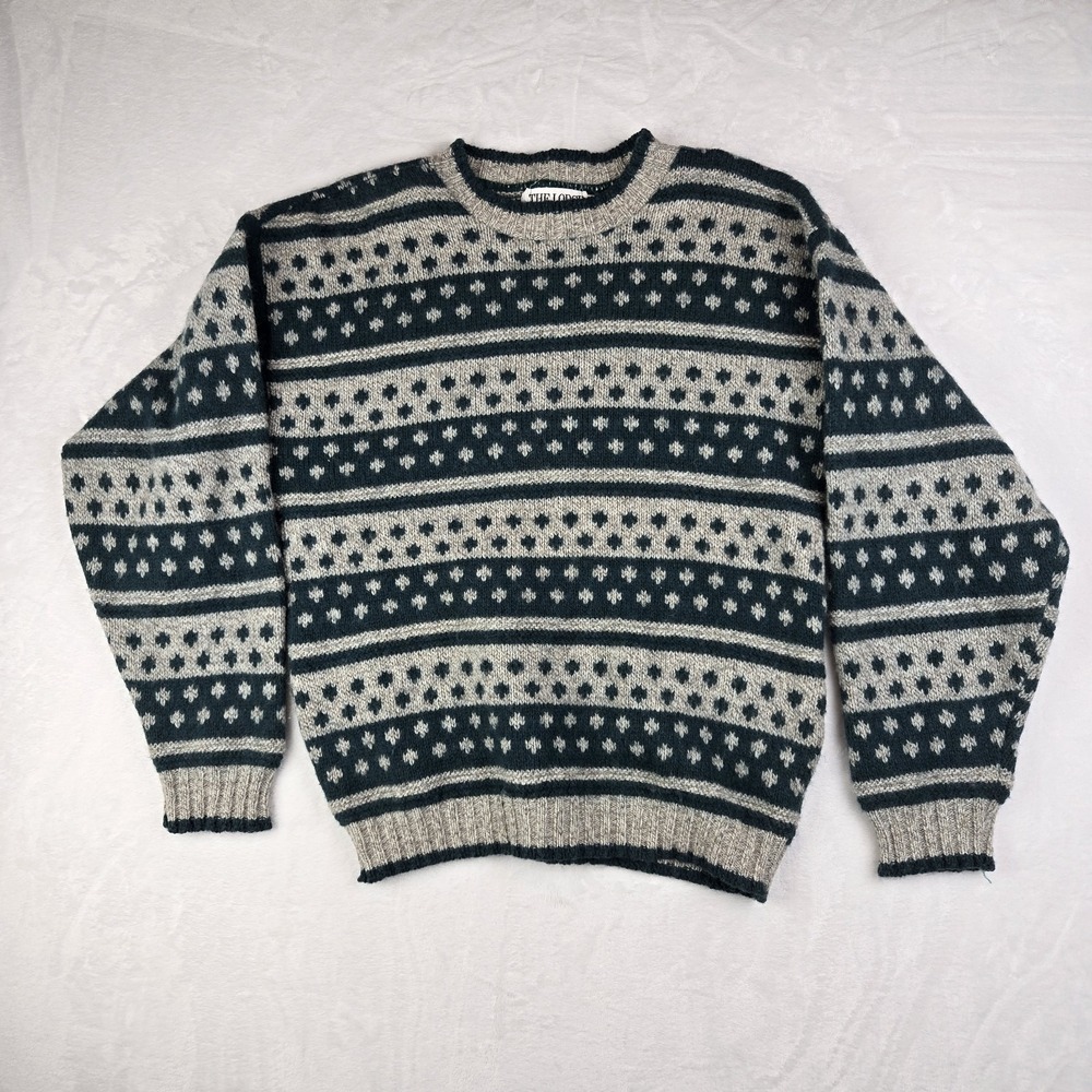 Vintage The Lodge Fair Isle Wool Blend Knit Sweater Men's Medium USA Green Beige